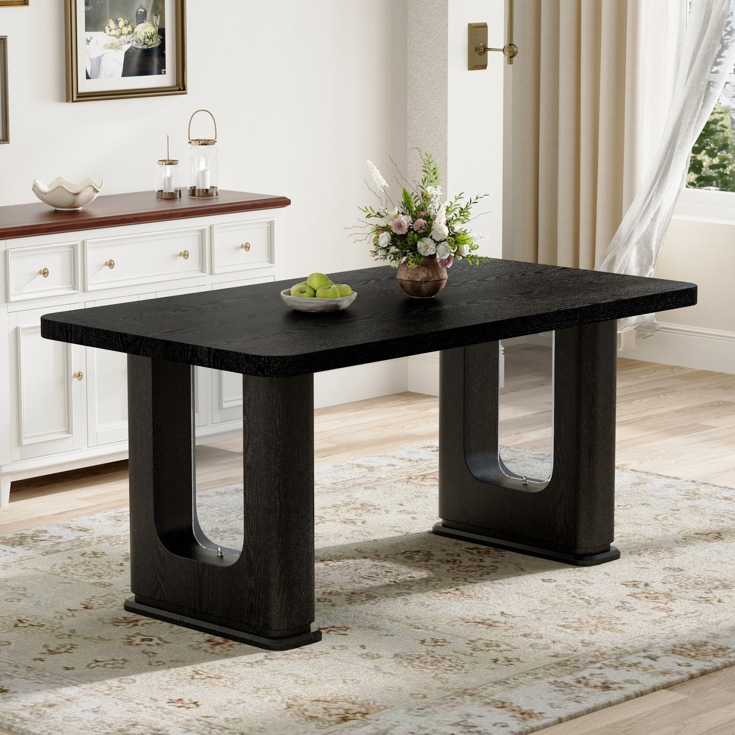 64.5 x 35.4 Inch Stylish Black Wood Color Textured Dining Table,Perfectly Blending Simplicity And Transparency. Made of MDF Material With Black Wood Grain Stickers,It Exudes A Strong Sense Of Fashion. W1151S04297
