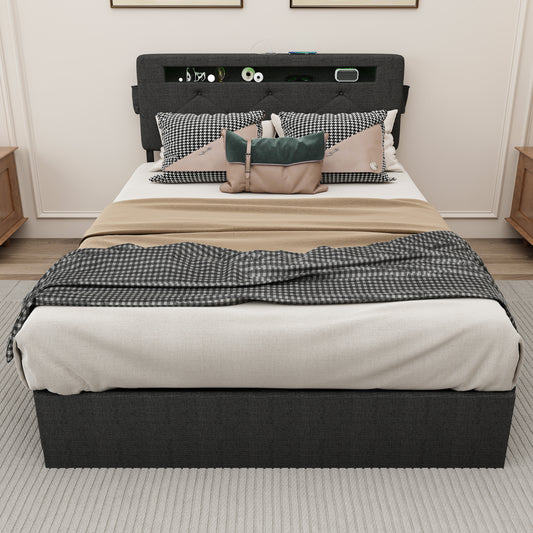 Queen Bed Frame with USB Charging Station & LED Lights, Queen Bed Frame with Headboard & 4 Storage Drawers, D   W1960P175566