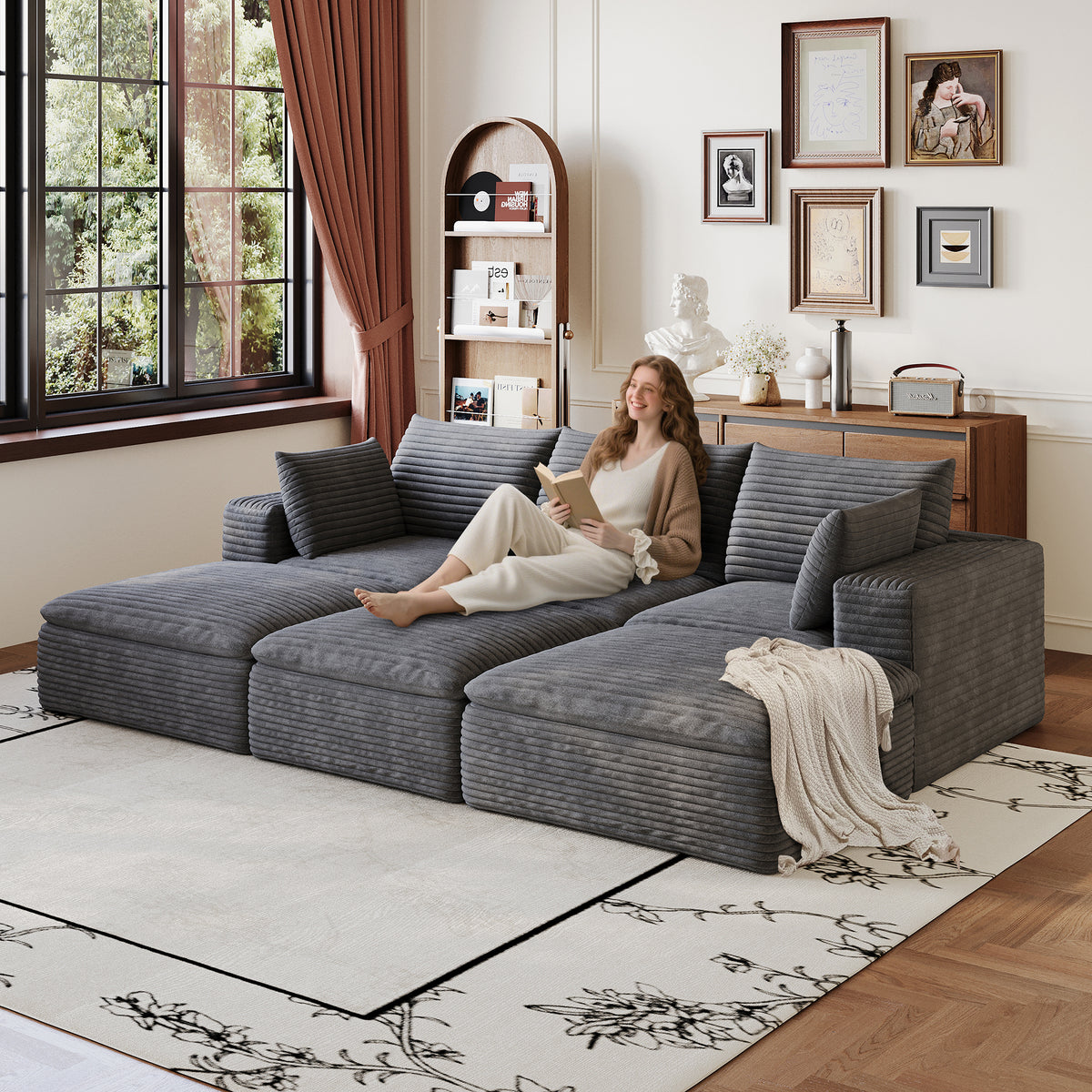 102' Cloud Sofa,Corduroy Fabric,Deep Seat Couches,Double-layer design,Removable  Cushion,No Assembly, DIY Combination for Living room, Bedroom,Conference room ,Apartment,Dark Grey  W2824S00226