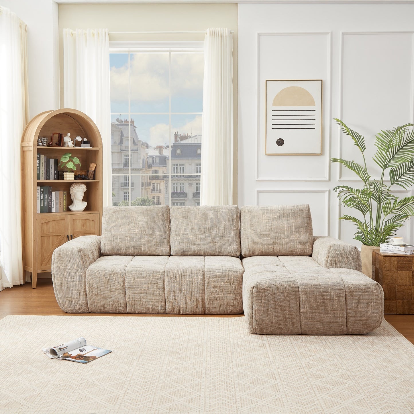 Compression sofa-100.39' Modern Oversized Sectional Sofa,Chenille L-shaped Luxury Couch Set with removable pillows, Upholstered Couches for Living Room,Apartment,Office,No Assembly Required,Khaki W3716S00005