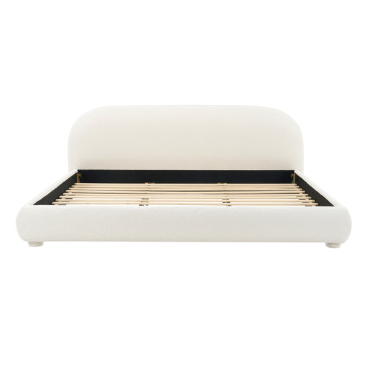 Cream Style Fabric Upholstered Bed, Simple Modern Double Bed for King Size, Warm Cream Tone with Textured Fabric and Curved Headboard  N769P348028W