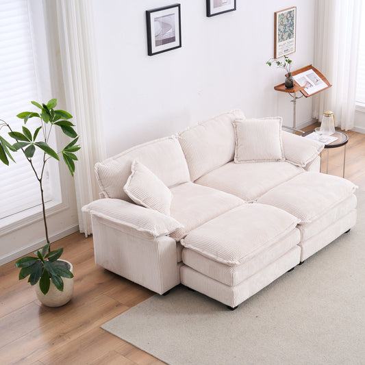 Corduroy 2-seats sofa With 2 back pillows,2 toss pillows and two ottoman,Comfy Sofa- Deep Seat Couch for Living Room,White W2363S00062