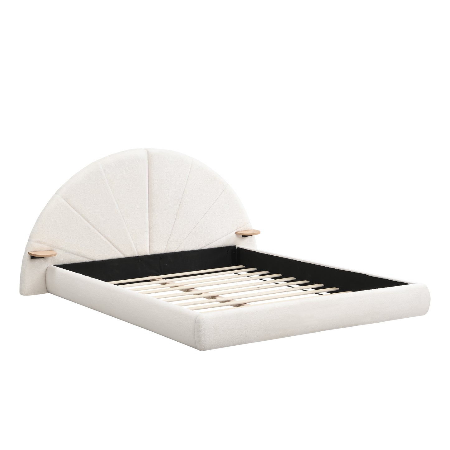 Modern Arched Bouclé Bed with Small Table, Queen, Beige - Plush Fabric, Wood Frame, Floor-Standing Design  N769P294907Q