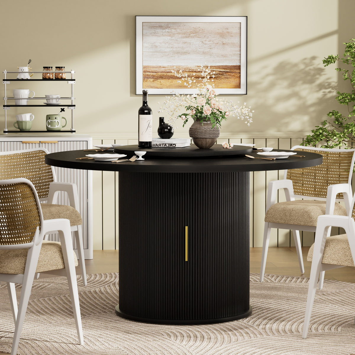 55-inch round dining table for six, featuring a double-tiered storage rack and a rotating tabletop tray. Wooden wavy-striped sliding doors. Ideal for home dining room living room (Black).  W1162P521775