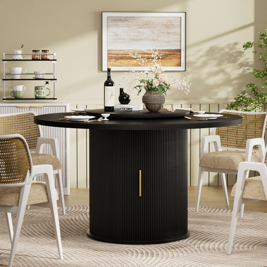 55-inch round dining table for six, featuring a double-tiered storage rack and a rotating tabletop tray. Wooden wavy-striped sliding doors. Ideal for home dining room living room (Black).  W1162P521775