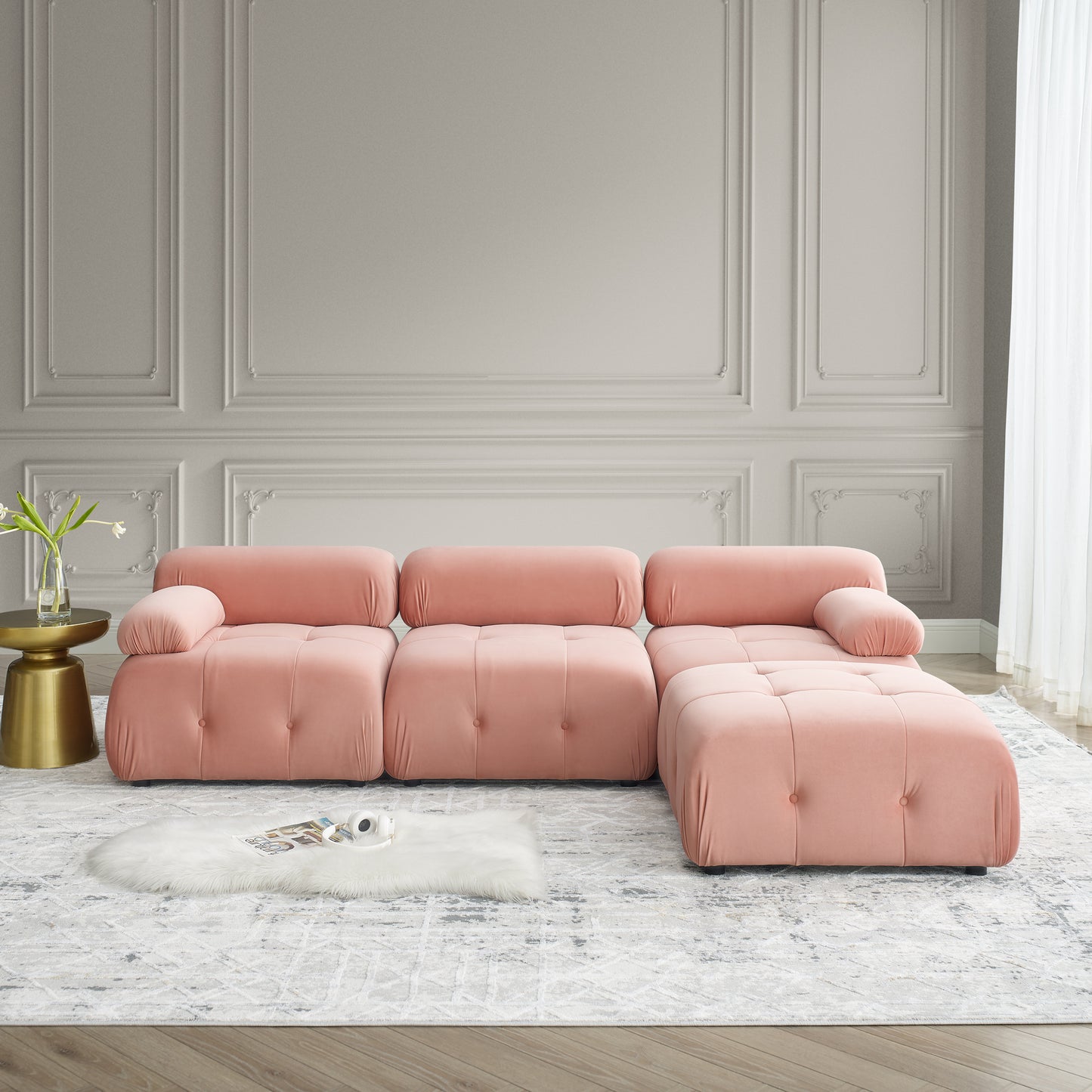 Modular Sectional Sofa, Button Tufted Designed and DIY Combination,L Shaped Couch with Reversible Ottoman, Pink Velvet W1413S00018