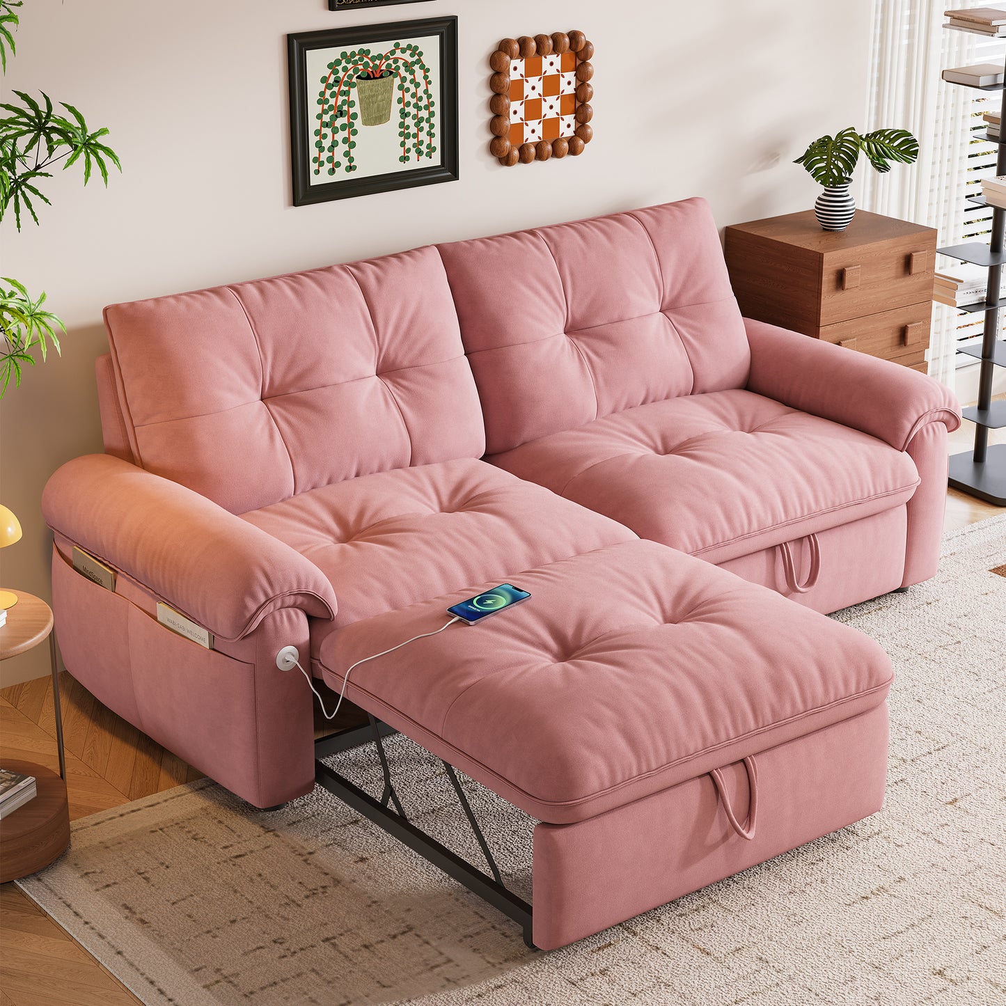 It is a multifunctional sofa, a 77-inch convertible sofa bed, and a 2-in-1 piece suitable for both sitting and lying. Made of modern velvet fabric, it is applicable to living rooms, bedrooms and apart W3820S00016