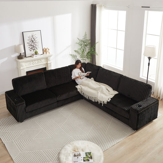 110-Inch Oversized Corduroy Corner Sofa,L Shaped Corner Couch with two storage spaces,USB port & Type-C port and Cup-holder , Deep Seat Comfy Upholstered Couches for Living Room(Not freely combinable) W834S00286