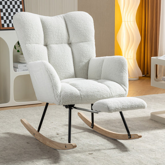053-Teddy Fabric Rocking Chair With Adjustable Footrest,Ivory W527P151440