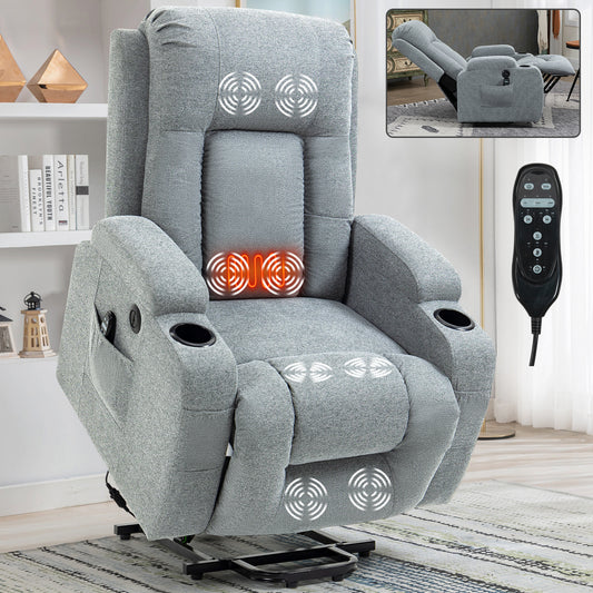 Infinite Position Single Motor Up to 350 LBS Power Lift Recliner Chair for Elderly, Heavy Duty Motion Mechanism with 8-Point Vibration Massage and Lumbar Heating, USB Charging Port, Cup Holders, Grey W1803S00030