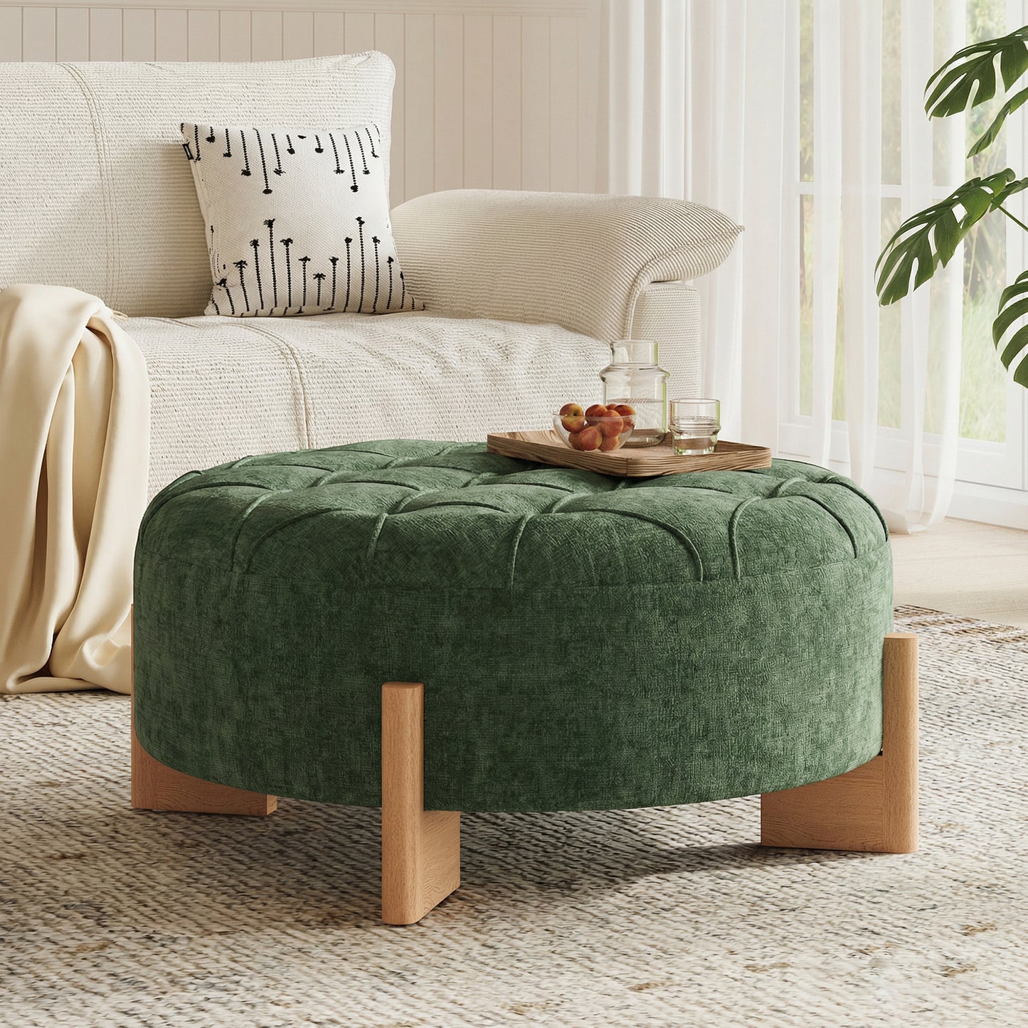 32' Round Tufted Ottoman with Solid Wood Legs, Modern Coffee Table with Tufted Buttons, Piping Lines, Chenille Fabric Footrest for Living Room  N723P405298G