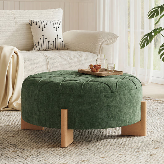 32' Round Tufted Ottoman with Solid Wood Legs, Modern Coffee Table with Tufted Buttons, Piping Lines, Chenille Fabric Footrest for Living Room  N723P405298G