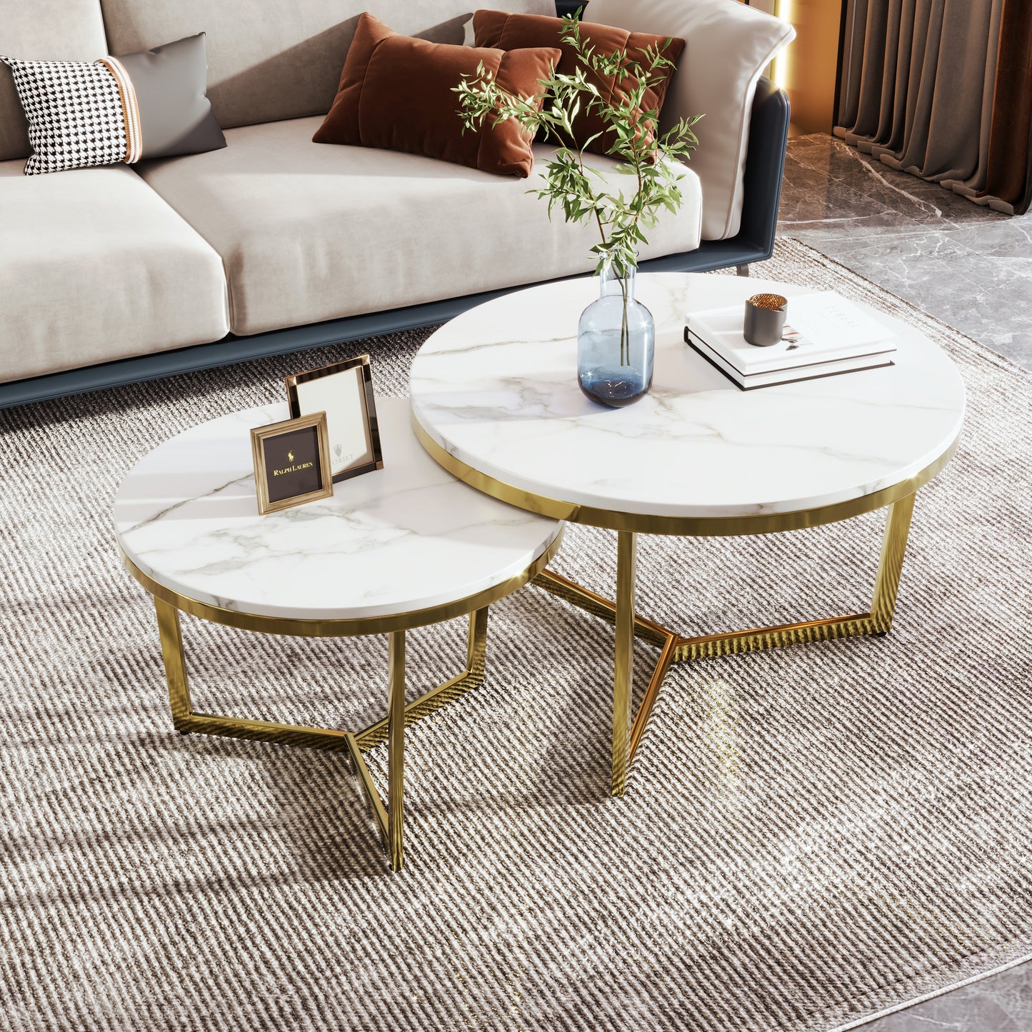Modern Round Nesting Coffee Table Set 2-Piece White & Marbling Top Gold Base  WF320651AAK