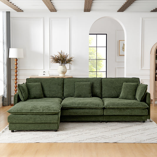 Modern Home Living Room L-Shaped Sectional Sofa Couches with Ottoman, Convertible Oversized 4 Seater Couch Towel Fabric, Green W1413S00081