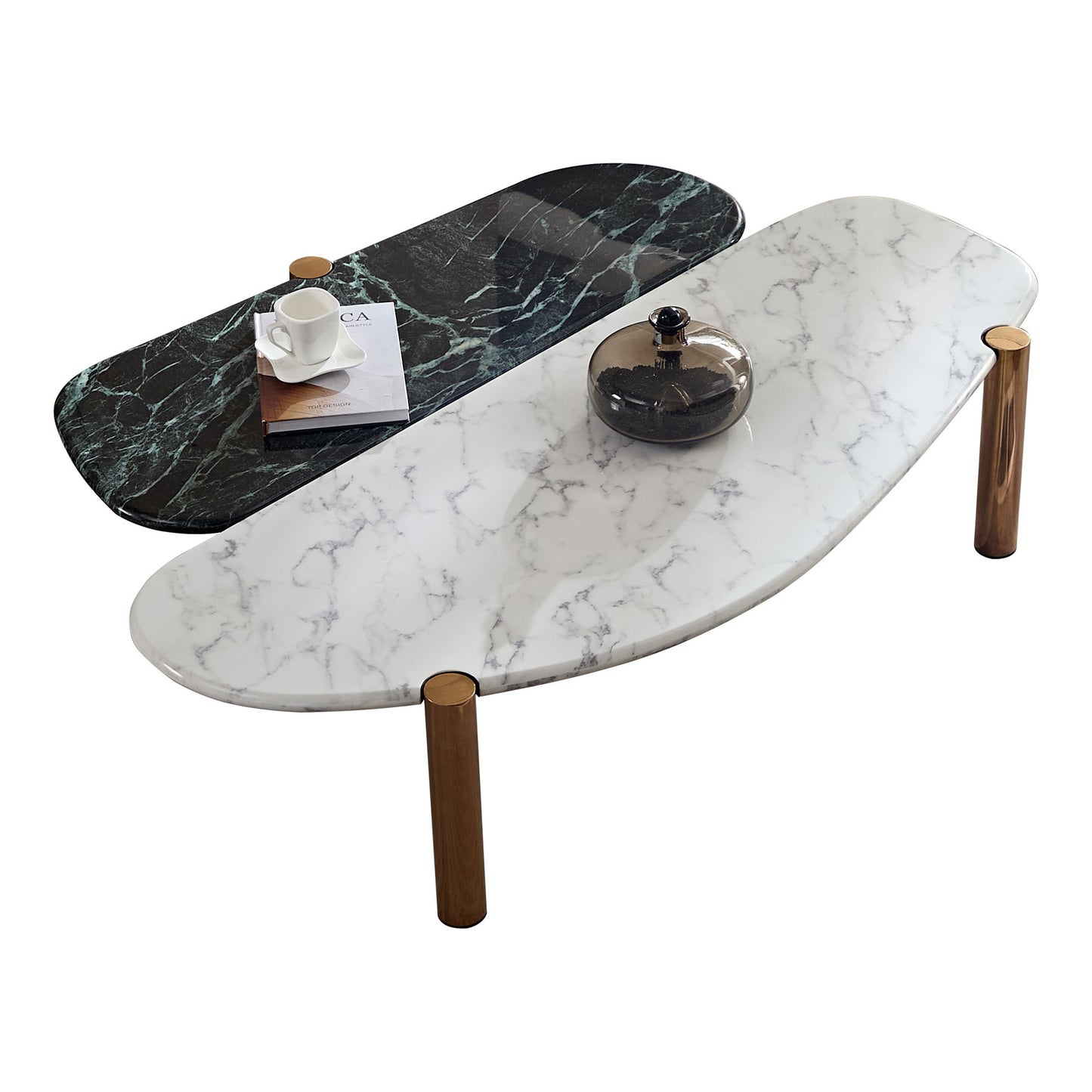 Faux Marble Coffee Tables Accent Tea Tables with Gold Metal Foot for Living Room Home Office W876P221049