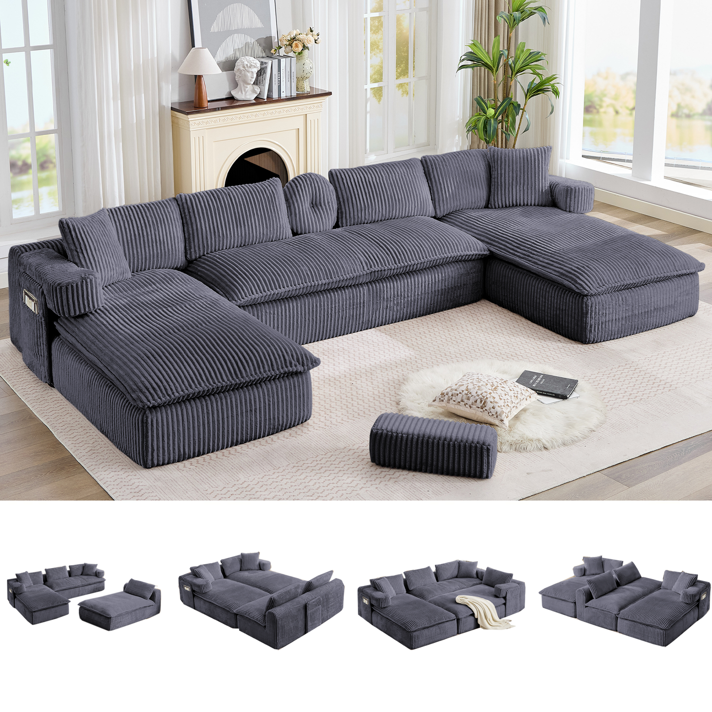 [NEW ARRIVED] [VIDEO PROVIDED]  149' Oversized Sectional Couches,U Shaped Couch,Deep Seat,7-in-1 Modular sofa, No Assembly,Side Pocket,Movable Sofa Armrests,Corduroy,4 Cushion Back,6 Seats, Dark Gray  W2108S00179