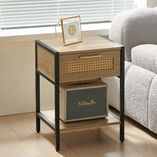 15.74' Rattan End table with  drawer, Modern nightstand, metal legs,side table for living room, bedroom,natural(1 pc)  W1265121744