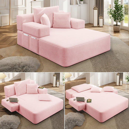 Oversized Plush Corduroy Chaise Lounge Sofa Bed,Convertible Sleeper Couch Bed w/ Storage Pockets,3 Soft Pillows ,Multi-Functional Frameless Sofa Couch for Apartment,Home Theater,Guest Room,Baby Pink  W3219P459763