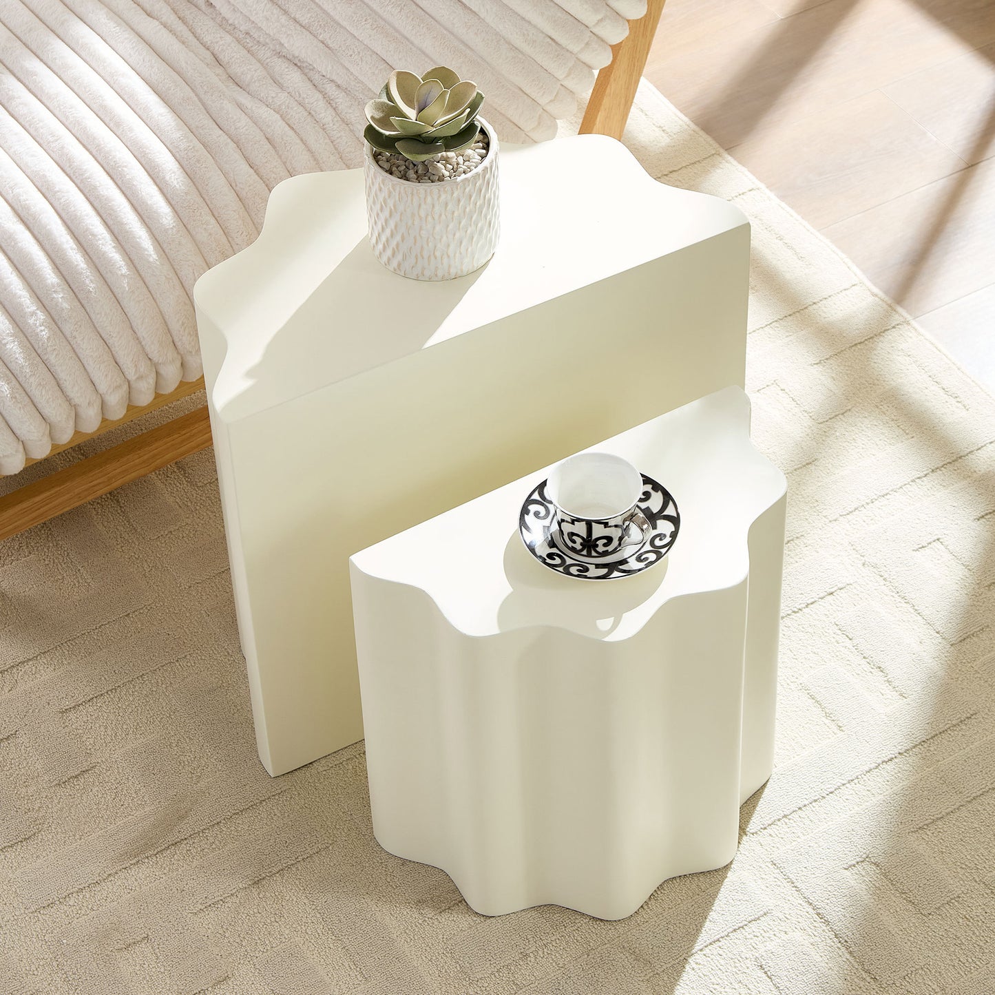 2PCS Set  Side Table,Wavy Edges Design Fiberglass Coffee Table for Living Room,Bedroom,Modern Design End Table for Apartment,No Need Assembly W2582P313972