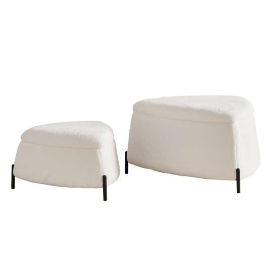 Ivory Faux Fur Upholstered Storage Ottoman Set with Metal Legs, Coffee Table with Reversible Lid W3098P296975