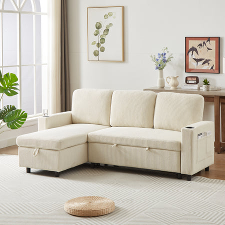 FX78.7' Comfortable Corduroy L-Shaped Combo Sofa Bed, Living Room Furniture Set for Tight Spaces, Reversible Sleeper Combo Sofa with Pullout Bed, Reversible Sofa Bed for Living Room  W1926S00017