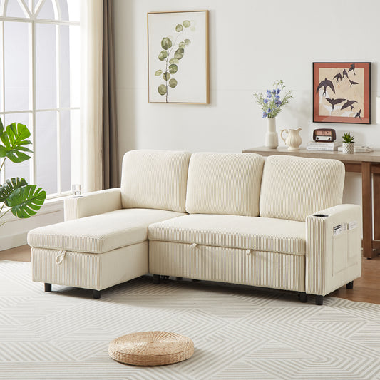 FX78.7' Comfortable Corduroy L-Shaped Combo Sofa Bed, Living Room Furniture Set for Tight Spaces, Reversible Sleeper Combo Sofa with Pullout Bed, Reversible Sofa Bed for Living Room  W1926S00017