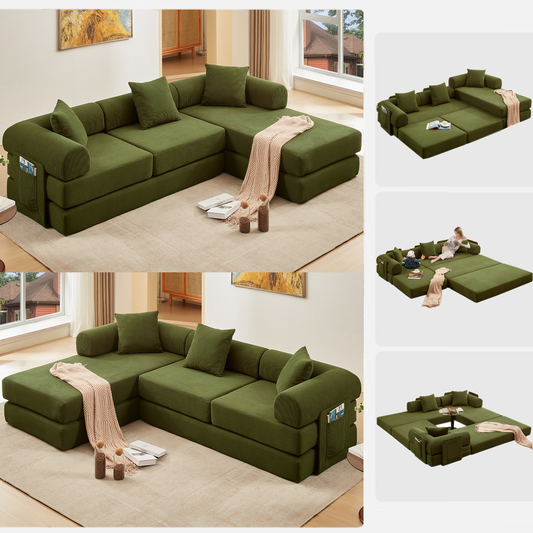 [NEW ARRIVED] [VIDEO PROVIDED] 107'' Cloud sofas, L-Shaped, 7-in-1 Corduroy Modular Sectional Sofa,Upholstered , No Assembly , DIY ,Folding Convertible Out  Sofa Bed,Side Pocket,4-Seat,Oversized,Green  W1628S00016