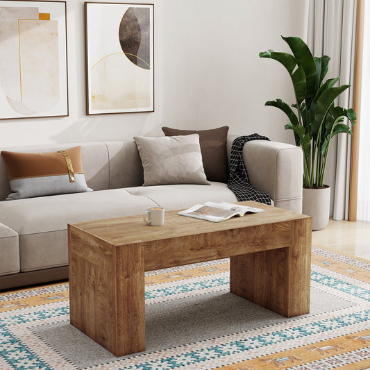 48' Farmhouse Coffee Table, Rectangle Wooden Center Table with Hidden Storage Drawer, Thick Coffee Tables for Living Room, Office, Apartment, Rest Area, Natural Wood Color  W3204P401251