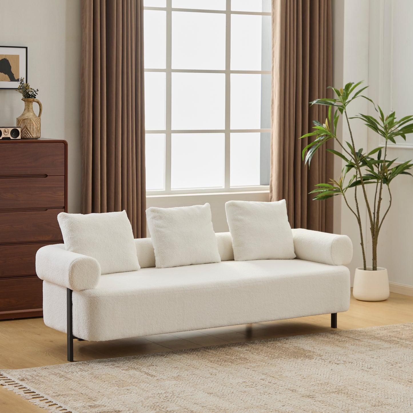 78' Modern 3-Seater Beige Upholstered Sofa, Oversized Comfy Couch with 3 Plush Pillows for Living Room, Bedroom, Apartment N767P308857B