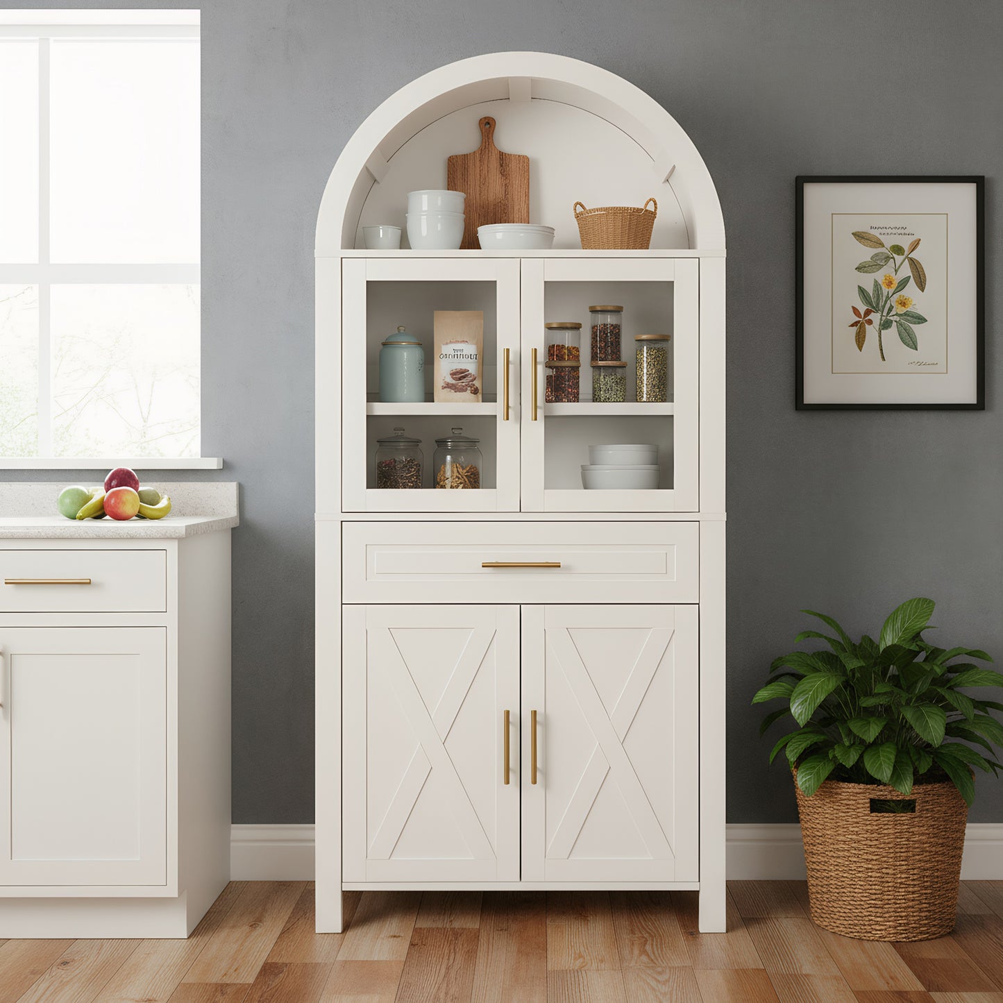 71' Tall Arched Kitchen Pantry Cabinet with Glass Door, Farmhouse Storage Pantry Cabinet with Adjustable Shelves & Barn Door Design for Kitchen, Living & Dining Room, White W2917P384735