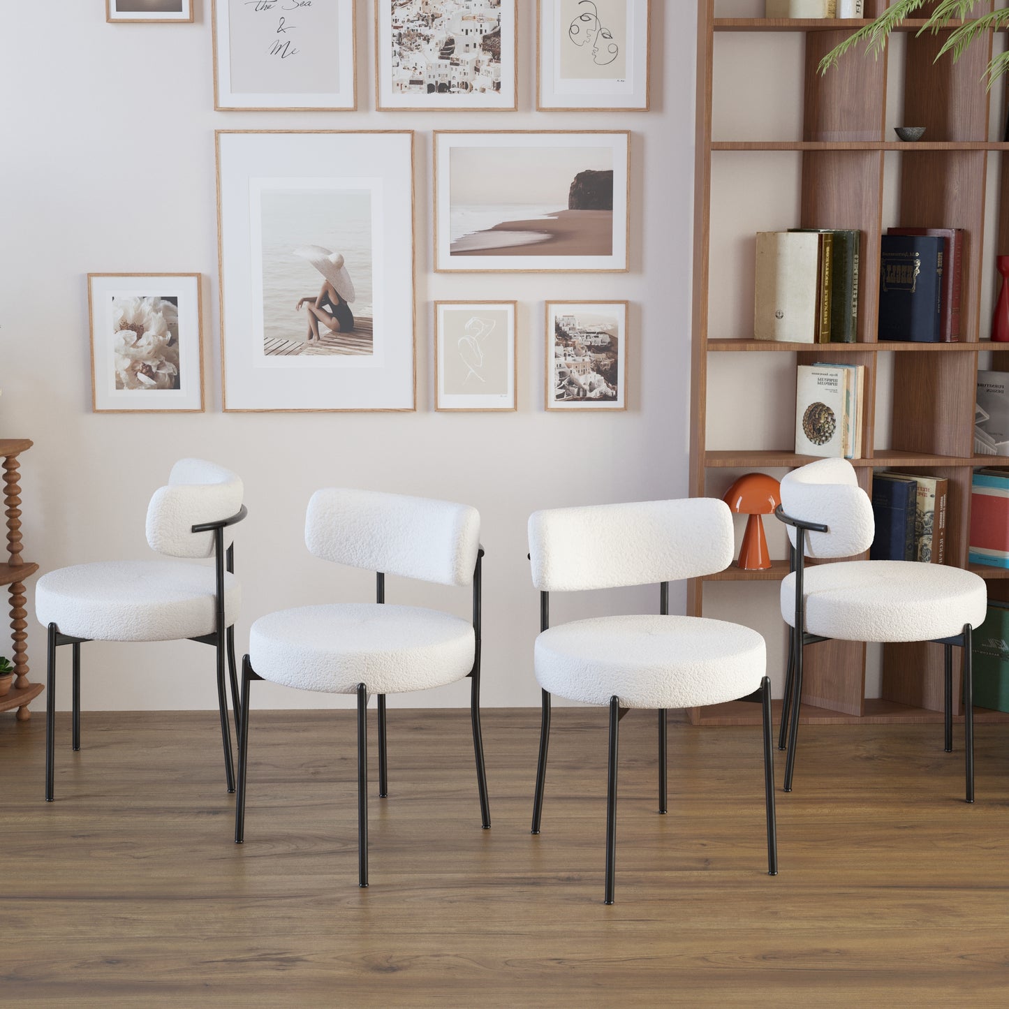 White Dining Chair Set of 4, Mid-Century Modern Dining Chairs, Kitchen Dining Room Chairs, Curved Backrest Round Upholstered Boucle Dining Chair with Black Metal Legs  W2189138546