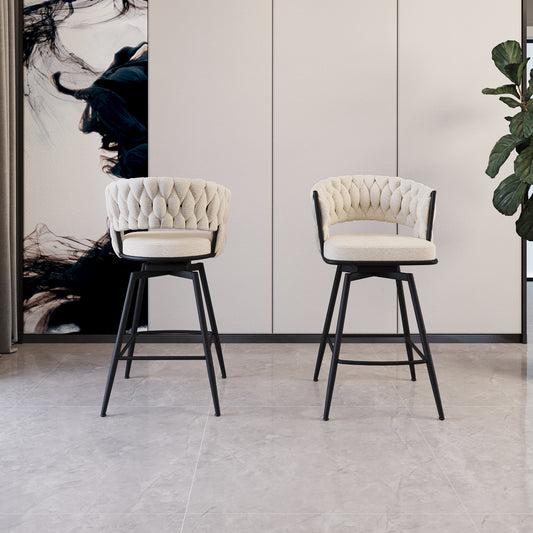 26' Bar Chair Soft cloth Woven Bar Stool Set of 2,Black legs Barstools No Adjustable Kitchen Island Chairs,360 Swivel Bar Stools Upholstered Counter Stool Arm Chairs with Back Footrest (White)  W2189P180368
