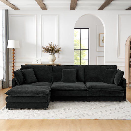 Modern Home Living Room L-Shaped Sectional Sofa Couches with Ottoman, Convertible Oversized 4 Seater Couch Towel Fabric, Black W1413S00080