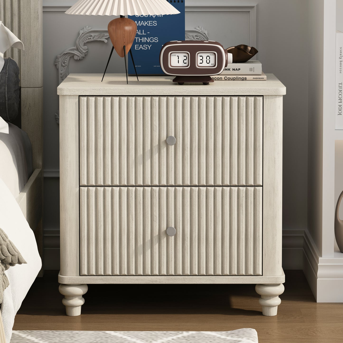 Fluted Nightstand, 21.65' Wide Side Table with 3 Drawers, Mid Century Modern Wood NightStand with Metal Handle, Wooden Bedside End Table for Bedroom, Living Room, Closet, Beige  W1716P298927