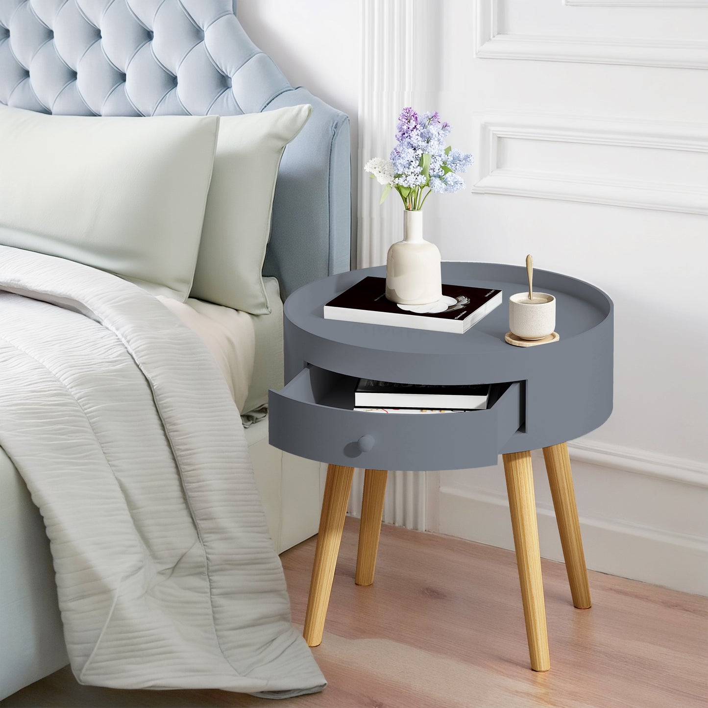 18'H Nightstand with Storage Drawer & Oak Legs Bedside Table, Sofa Side Coffee Table for Bedroom, Living Room,Gray  W757127738