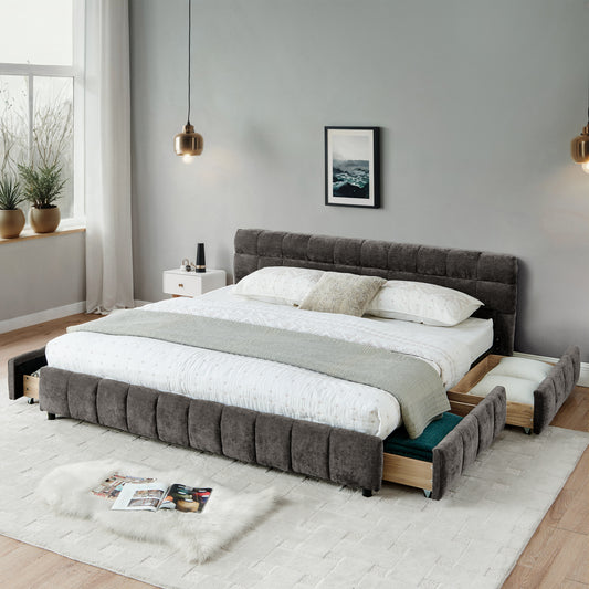 California King size Upholstered Bed ,comfortable upholstered bed frame, Chenille fabric, with headboard and solid bed frame. With drawer for storage.-Dark Gray(90.5''*80.5''*31'')  W487P311315