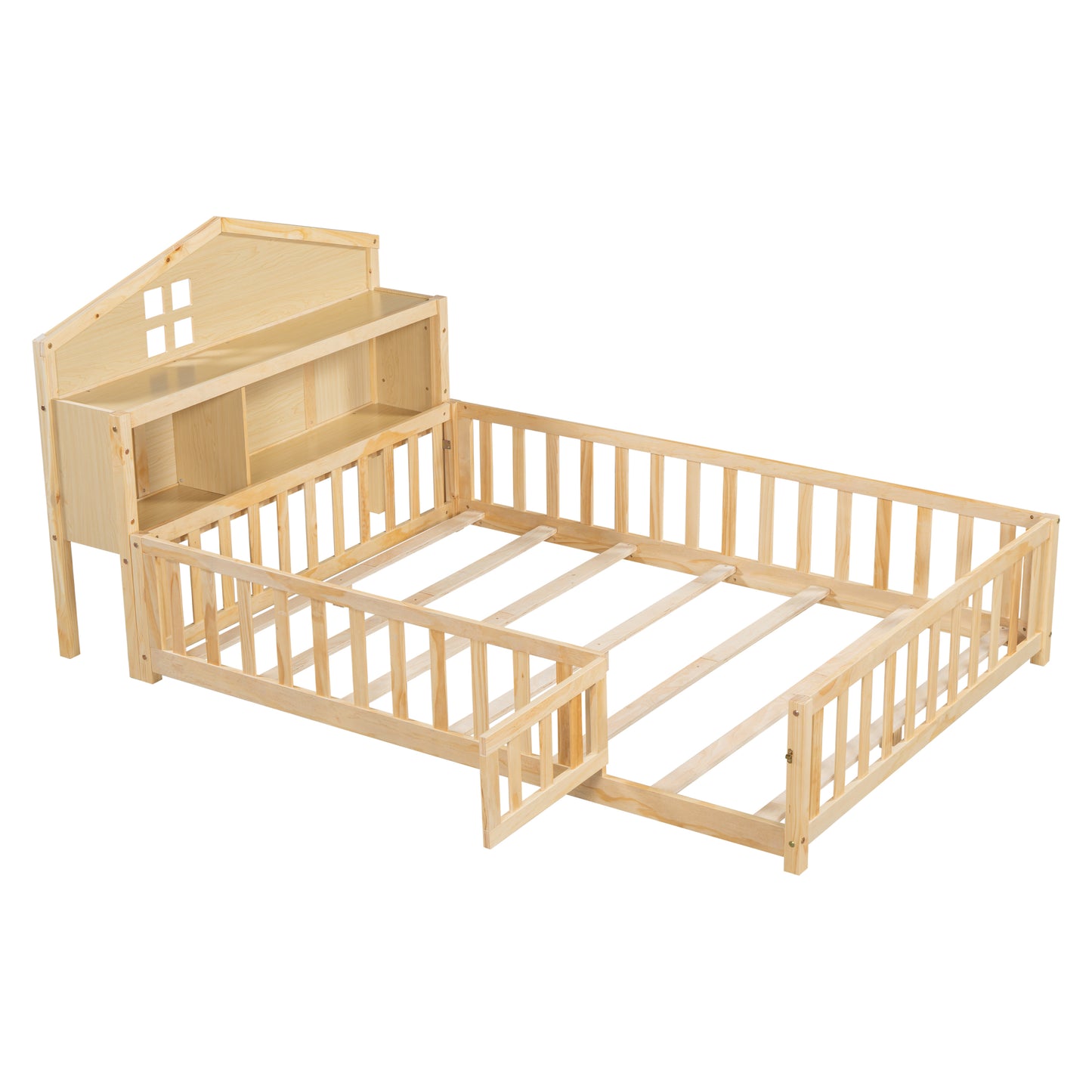 Natural Full-size Montessori Floor Bed with Bookcases and Blackboards, Solid Wood Platform Bed with Guard Rails and Storage Headboards W1716S00014