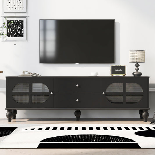U-Can 68.9'' Modern TV Stand for TVs up to 75 Inches, Entertainment Center Media Console with Fluted Glass Doors, Five Solid Wood Legs for Living room  N724P198475B