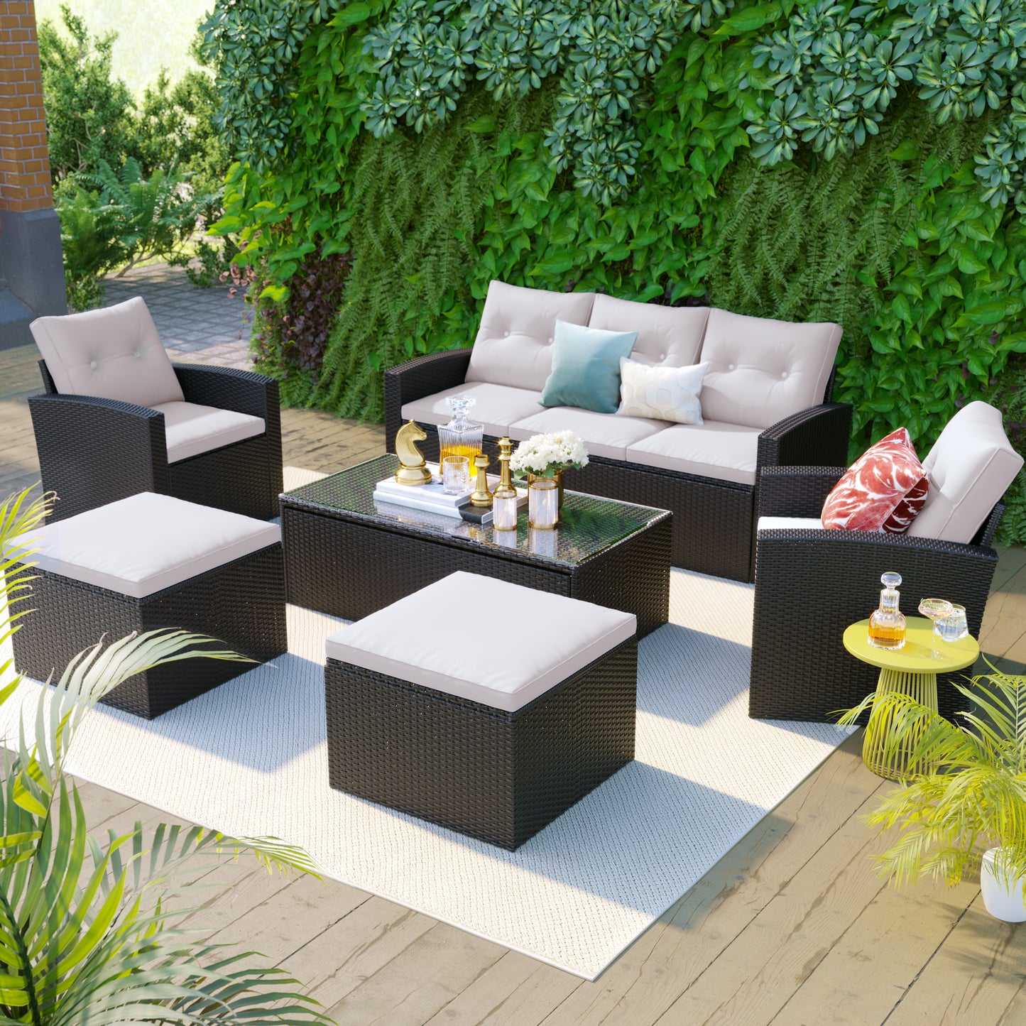 GO 6-piece All-Weather Wicker PE rattan Patio Outdoor Dining Conversation Sectional Set with coffee table, wicker sofas, ottomans, removable cushions (Black wicker, Beige cushion)  FG201201AAA