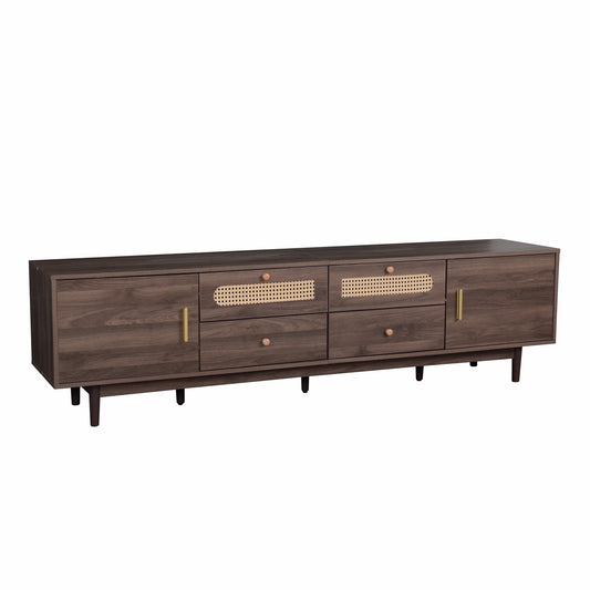 Modern Chic 76' TV Stand with Drawers for Living Room or Bedroom, Dark Brown Rattan Accent Entertainment Center for TVs Up to 85 Inches, Solid Wood Legs and MDF Construction  N710P339467P