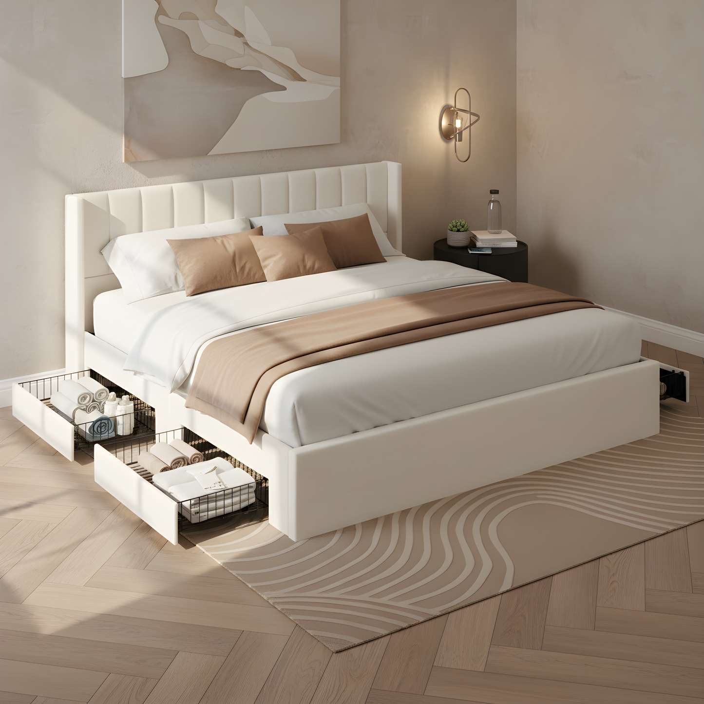 Large-capacity upholstered storage bed with drawers,Beige,King  N769K385590B