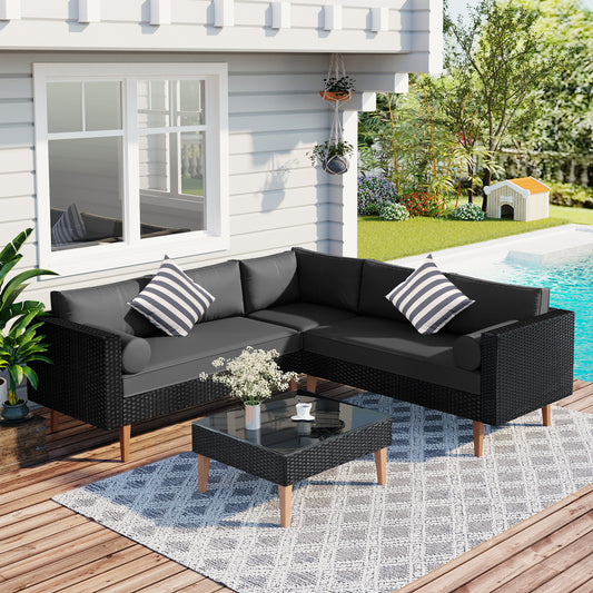 GO 4-pieces Outdoor Wicker Sofa Set, Patio Furniture with Colorful Pillows, L-shape sofa set, Gray cushions and Black Rattan  FG201221AAE