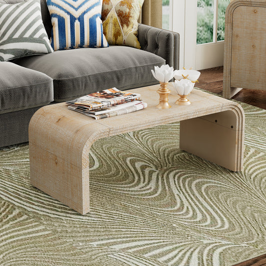 TREXM Minimalist Coffee Table with Curved Art Deco Design for Living Room or Dining Room(Natural Wood Wash)  WF317095AAD