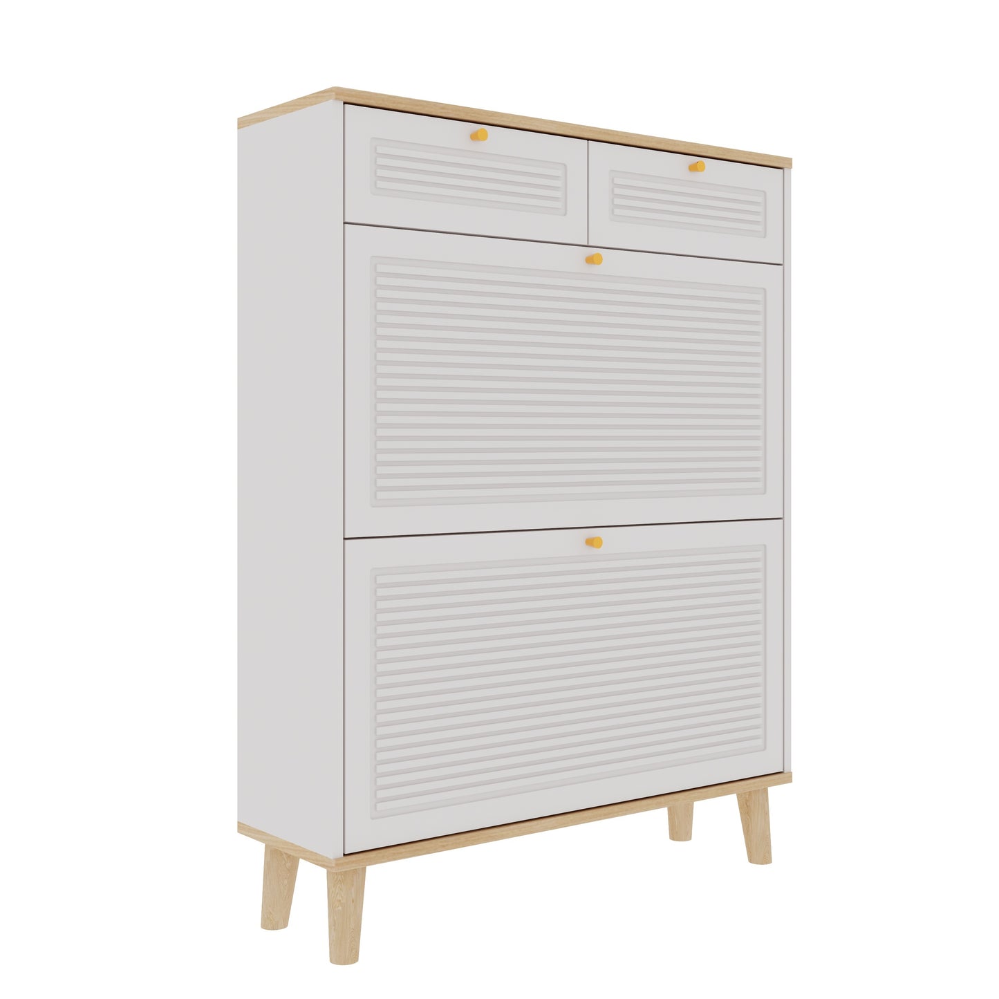 Modern Freestanding Shoe Cabinet with Flip-Up Doors and Drawers, White Natural MDF, Compact Design for Entryway W3166P266365