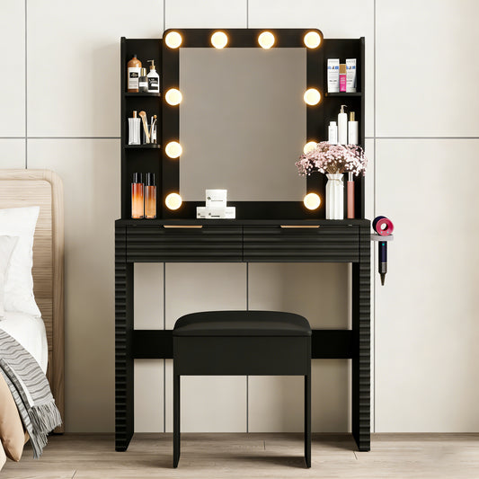 Makeup Vanity Desk with 10 Hollywood Bulbs, Fluted Dressing Table with Charging Station, 2 Drawers and 4 Open Shelves, Hairdryer Holder, Padded Stool with Storage , Black  N704P340251B