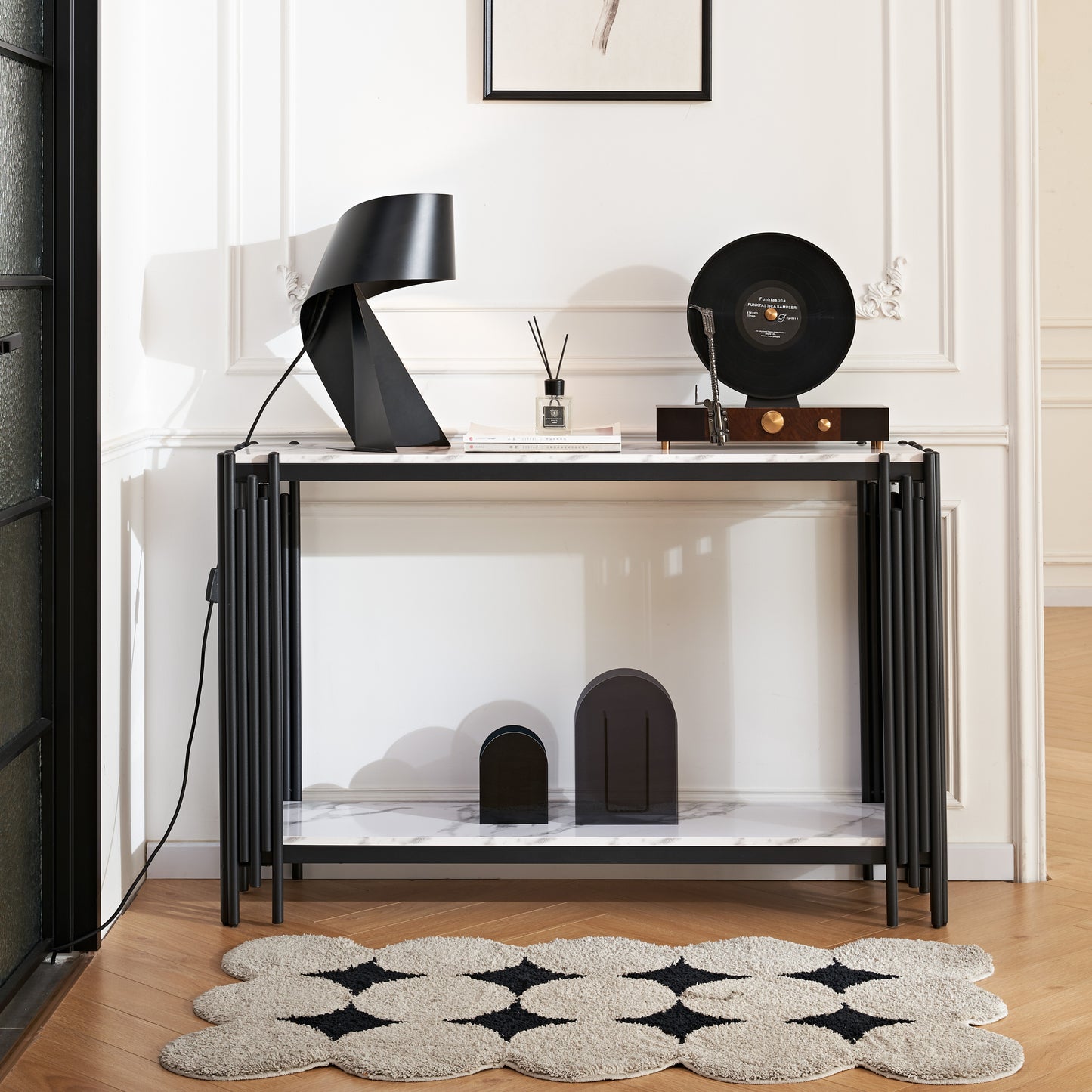 2 Tier Faux Marbling Console Table, Living Room Sofa Table, Modern Narrow Entryway Table, Hallway Entrance Table, Adjustable Feet, for Entrance, Hallway, Black  W1765P143347