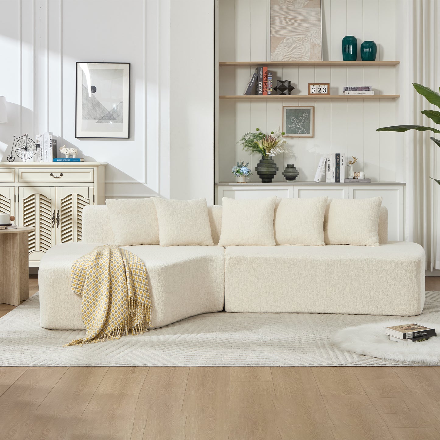 Compression Sectional Couch with Comfy Chaise,Irregular L-shaped compression sofa with deep seat, Minimalist Modular Couches Sleeper for Living Room Bedroom Apartment Lounge-WHITE  W1249S00006