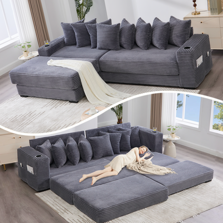 [NEW ARRIVED] [VIDEO PROVIDED]   110.75' Modular L Shaped Sofa, Corduroy Fabric Sectional Couch,With a movable footstool, Cup Holders,Bring 8 throw pillows,Side Pocket,Unfold into a Bed,Dark Gray W2108S00129