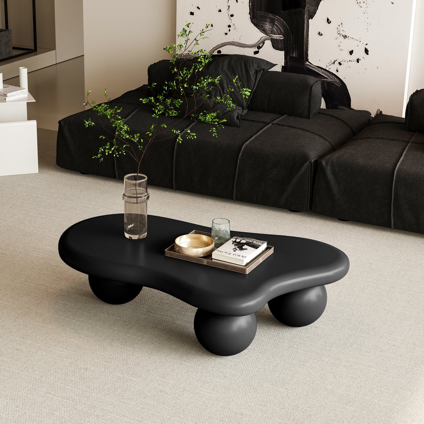 40 Inch Cloud Shaped Coffee Table with 3 Ball Legs for Living Room, Black  W1435S00011