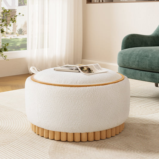 29' Round Storage Ottoman with Solid Wood Legs, Modern Coffee Table with Reversible Lid, Wood Frame, Boucle Fabric Footrest for Living Room, No Assembly Required  N723P405304A